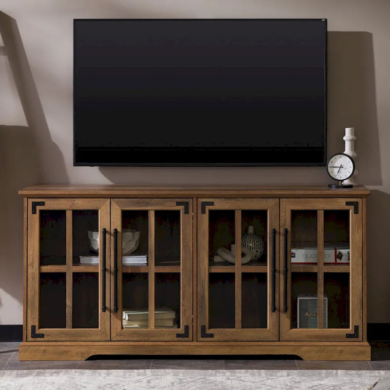 Meuble TV de style rustique avec portes vitrées, pour téléviseurs jusqu'à 65 po