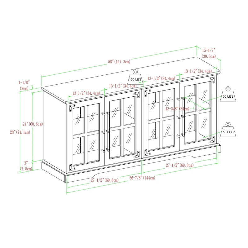 Meuble TV de style rustique avec portes vitrées, pour téléviseurs jusqu'à 65 po