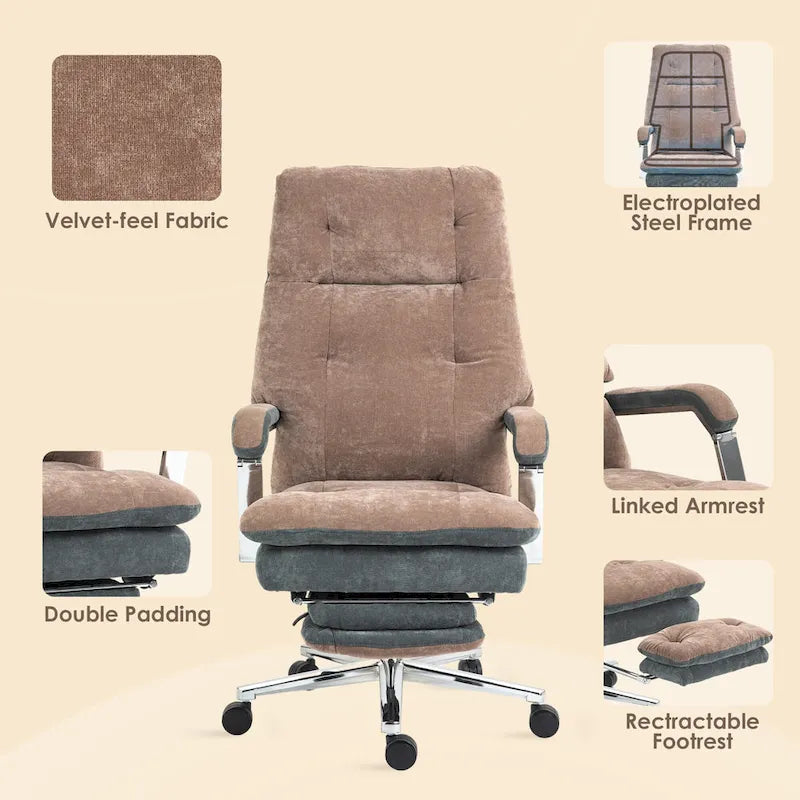Fauteuil de bureau inclinable en velours surdimensionné, siège rembourré, roulettes pivotantes