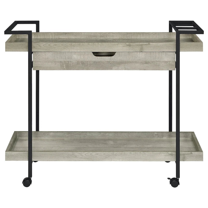 Chariot de bar roulant 40 pouces, 2 niveaux avec tiroir, bois gris, métal noir