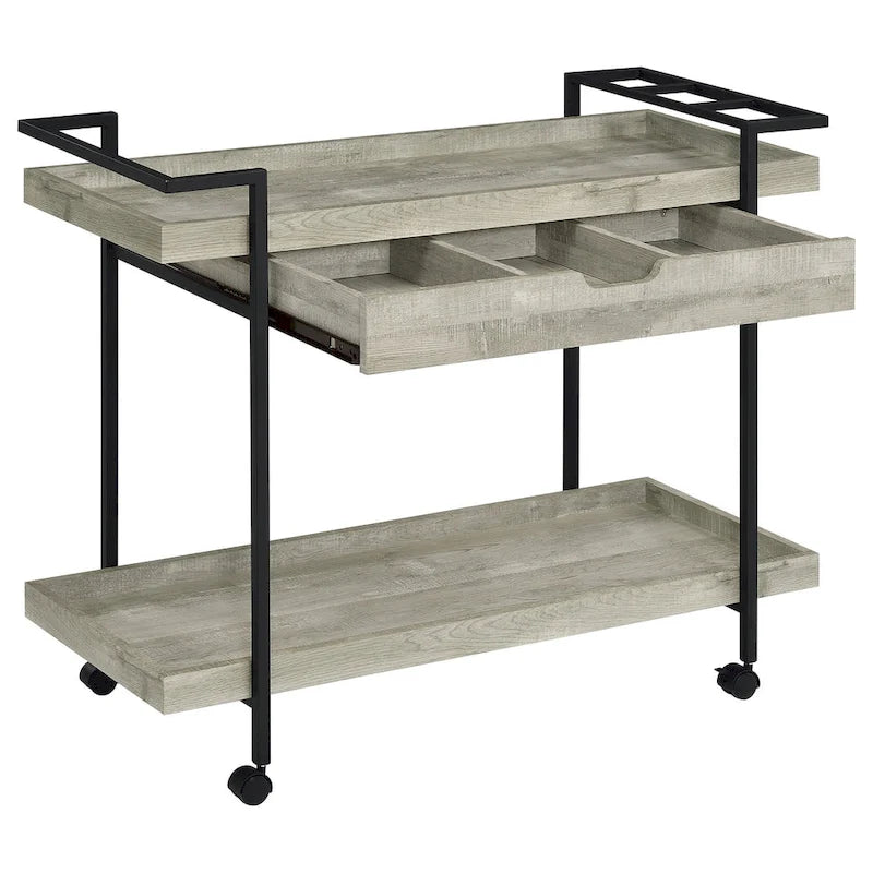 Chariot de bar roulant 40 pouces, 2 niveaux avec tiroir, bois gris, métal noir