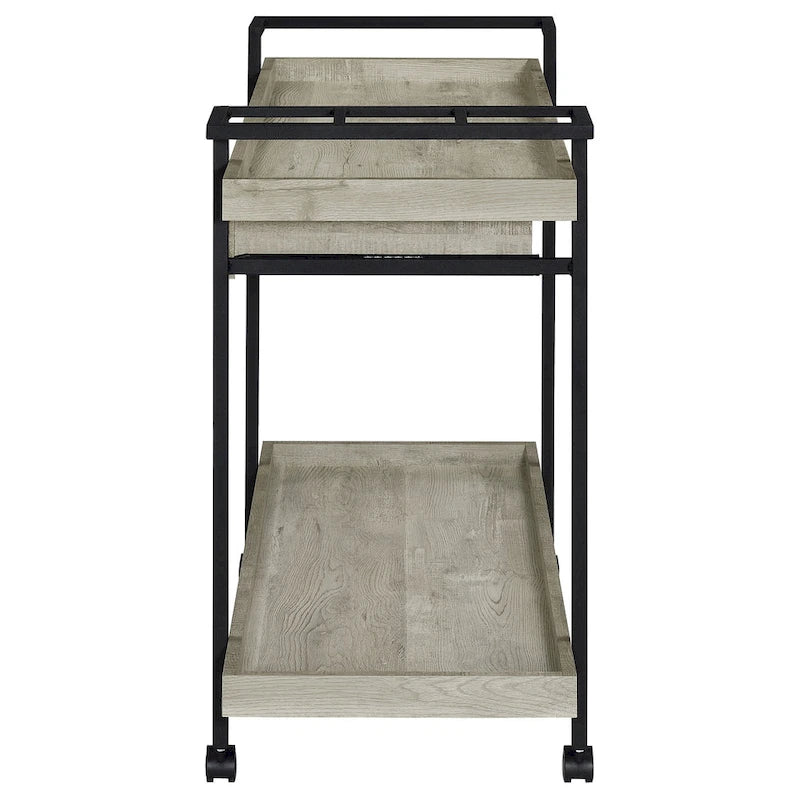 Chariot de bar roulant 40 pouces, 2 niveaux avec tiroir, bois gris, métal noir