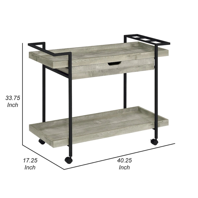 Chariot de bar roulant 40 pouces, 2 niveaux avec tiroir, bois gris, métal noir