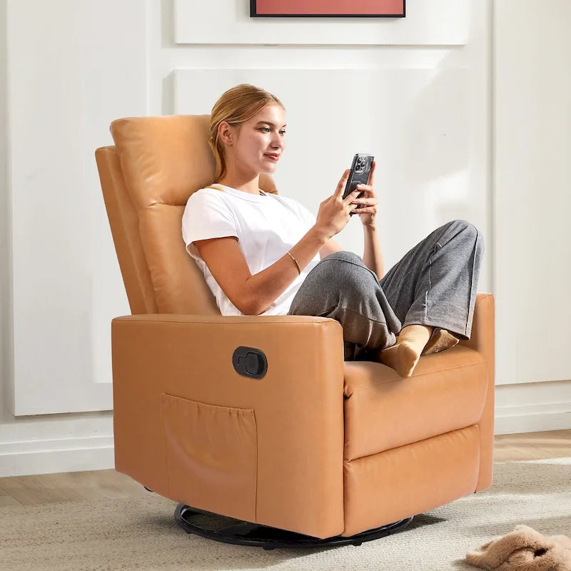 Fauteuil berçant moderne planeur en lin, fauteuil inclinable manuel pivotant avec dossier haut et repose-pieds
