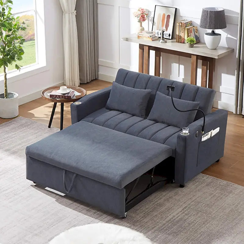 Canapé-lit convertible 2 places avec ports USB, poches latérales, porte-gobelets et support de téléphone pivotant pour salon