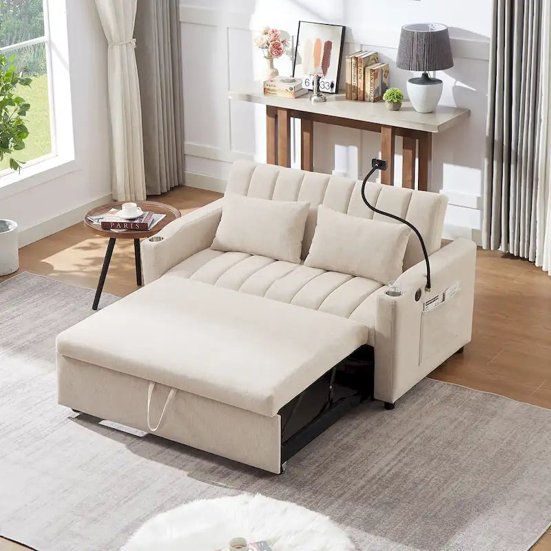 Canapé-lit convertible 2 places avec ports USB, poches latérales, porte-gobelets et support de téléphone pivotant pour salon