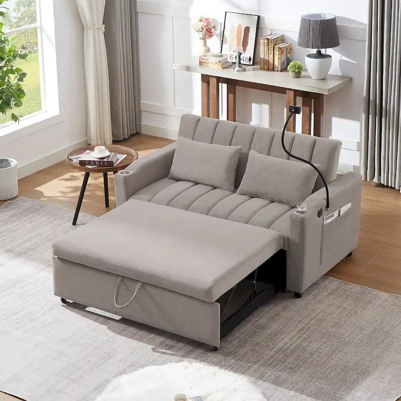Canapé-lit convertible 2 places avec ports USB, poches latérales, porte-gobelets et support de téléphone pivotant pour salon