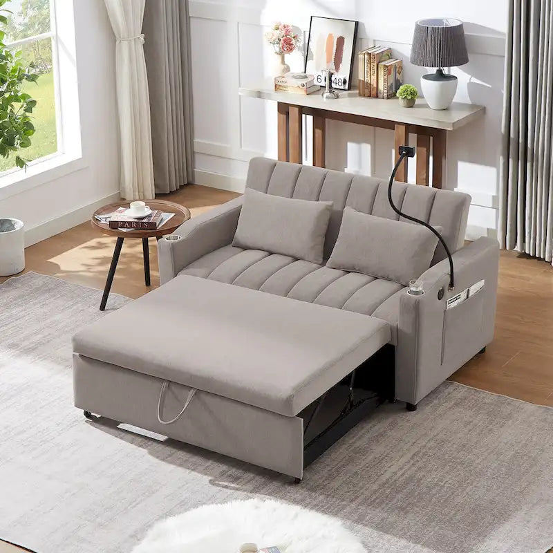 Canapé-lit convertible 2 places avec ports USB, poches latérales, porte-gobelets et support de téléphone pivotant pour salon