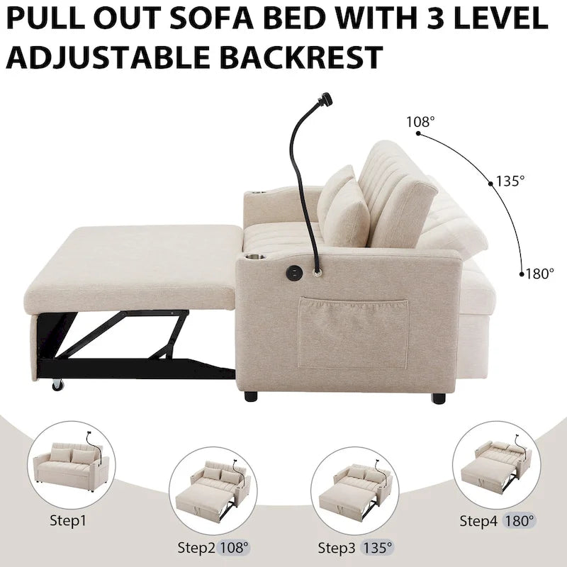 Canapé-lit convertible 2 places avec ports USB, poches latérales, porte-gobelets et support de téléphone pivotant pour salon