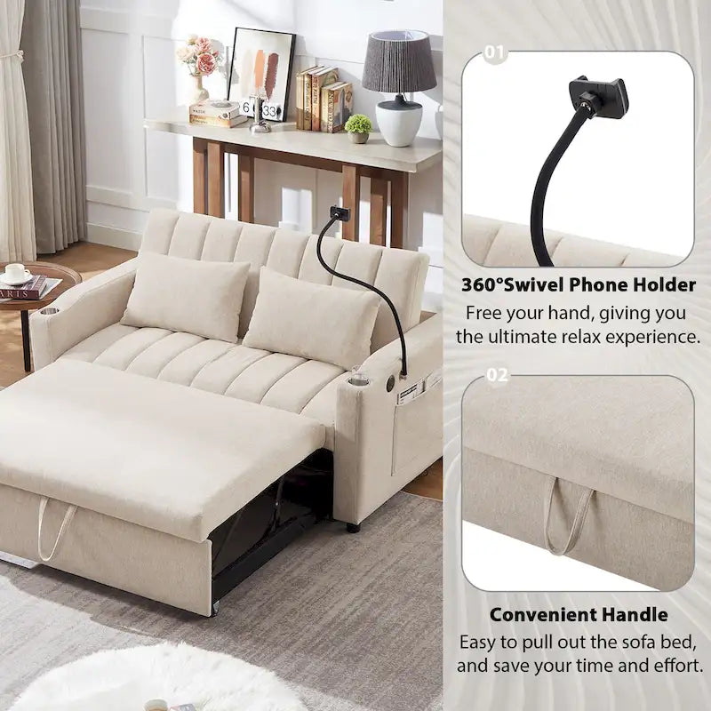 Canapé-lit convertible 2 places avec ports USB, poches latérales, porte-gobelets et support de téléphone pivotant pour salon