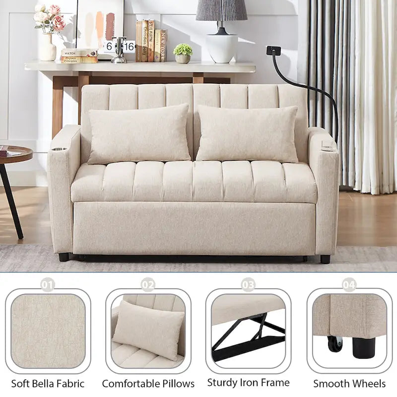 Canapé-lit convertible 2 places avec ports USB, poches latérales, porte-gobelets et support de téléphone pivotant pour salon