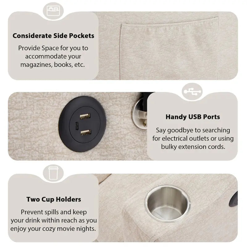 Canapé-lit convertible 2 places avec ports USB, poches latérales, porte-gobelets et support de téléphone pivotant pour salon
