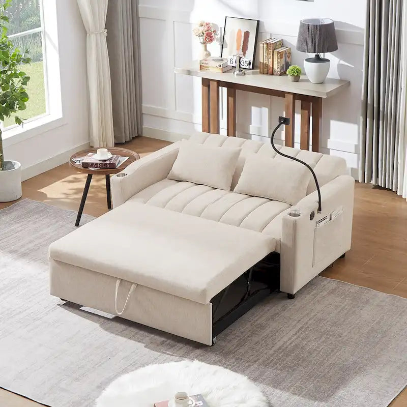 Canapé-lit convertible 2 places avec ports USB, poches latérales, porte-gobelets et support de téléphone pivotant pour salon