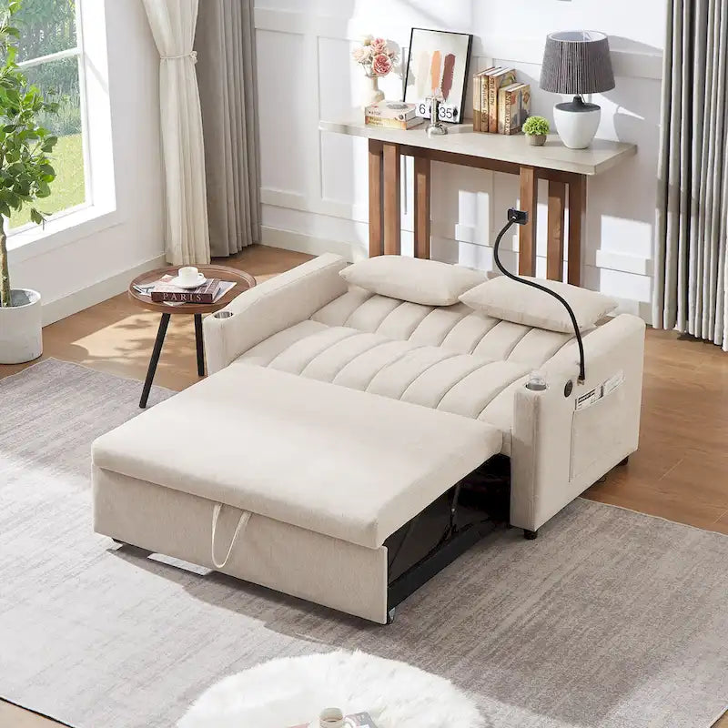 Canapé-lit convertible 2 places avec ports USB, poches latérales, porte-gobelets et support de téléphone pivotant pour salon