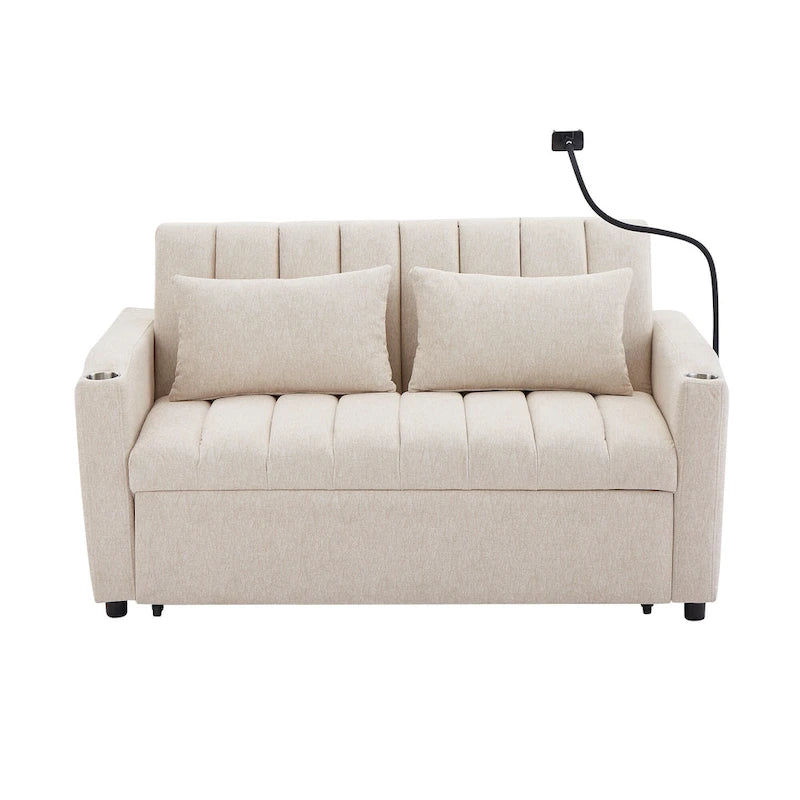Canapé-lit convertible 2 places avec ports USB, poches latérales, porte-gobelets et support de téléphone pivotant pour salon