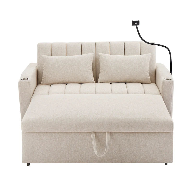 Canapé-lit convertible 2 places avec ports USB, poches latérales, porte-gobelets et support de téléphone pivotant pour salon