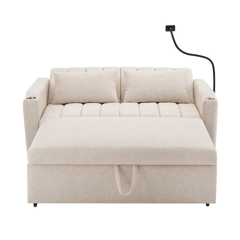 Canapé-lit convertible 2 places avec ports USB, poches latérales, porte-gobelets et support de téléphone pivotant pour salon