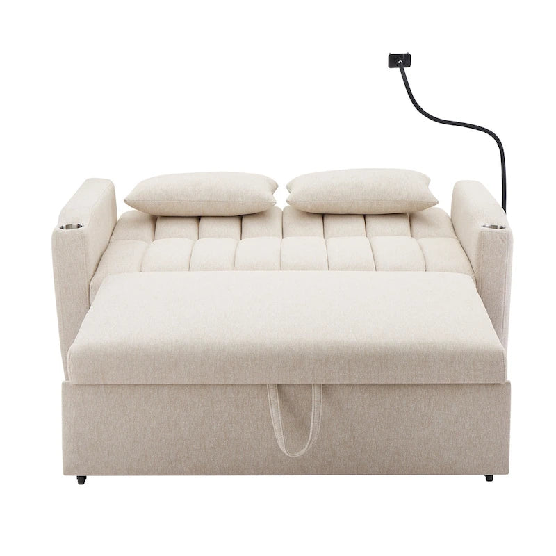 Canapé-lit convertible 2 places avec ports USB, poches latérales, porte-gobelets et support de téléphone pivotant pour salon