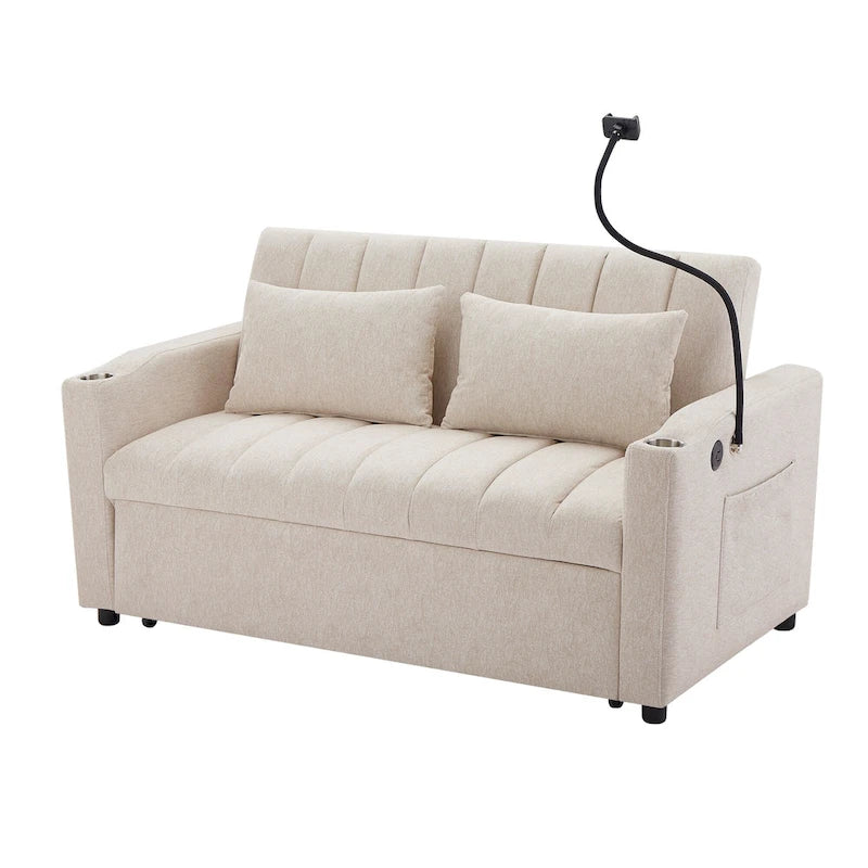 Canapé-lit convertible 2 places avec ports USB, poches latérales, porte-gobelets et support de téléphone pivotant pour salon