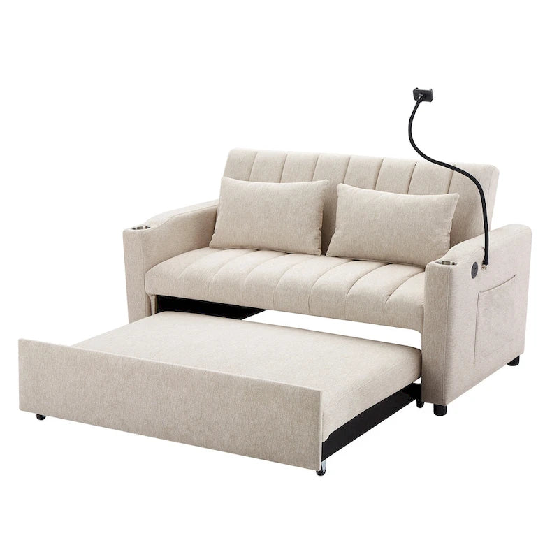 Canapé-lit convertible 2 places avec ports USB, poches latérales, porte-gobelets et support de téléphone pivotant pour salon