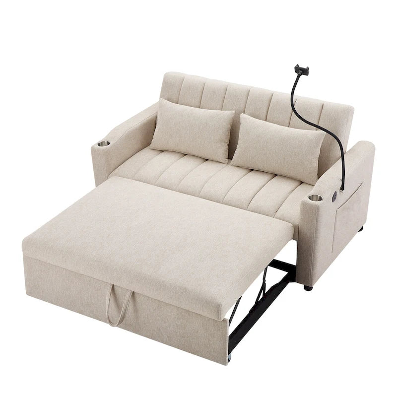 Canapé-lit convertible 2 places avec ports USB, poches latérales, porte-gobelets et support de téléphone pivotant pour salon