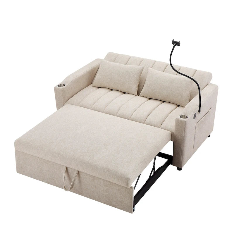 Canapé-lit convertible 2 places avec ports USB, poches latérales, porte-gobelets et support de téléphone pivotant pour salon