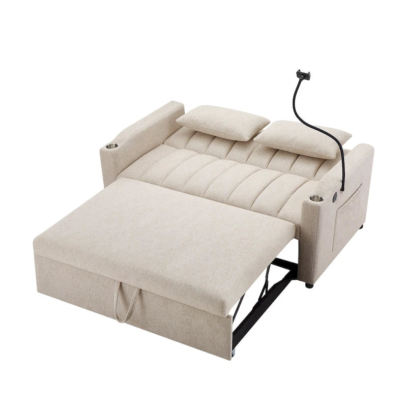Canapé-lit convertible 2 places avec ports USB, poches latérales, porte-gobelets et support de téléphone pivotant pour salon