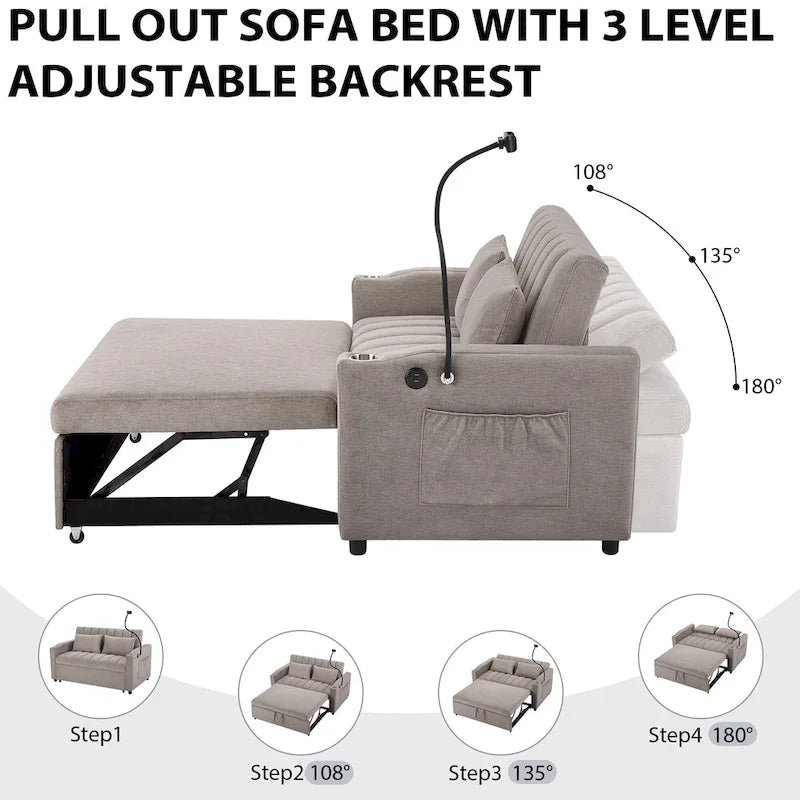 Canapé-lit convertible 2 places avec ports USB, poches latérales, porte-gobelets et support de téléphone pivotant pour salon
