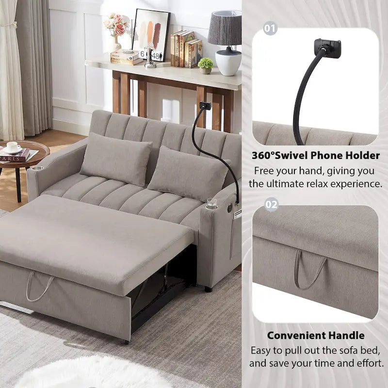 Canapé-lit convertible 2 places avec ports USB, poches latérales, porte-gobelets et support de téléphone pivotant pour salon