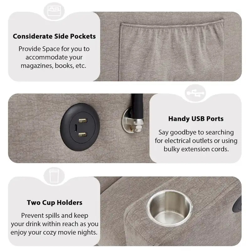 Canapé-lit convertible 2 places avec ports USB, poches latérales, porte-gobelets et support de téléphone pivotant pour salon