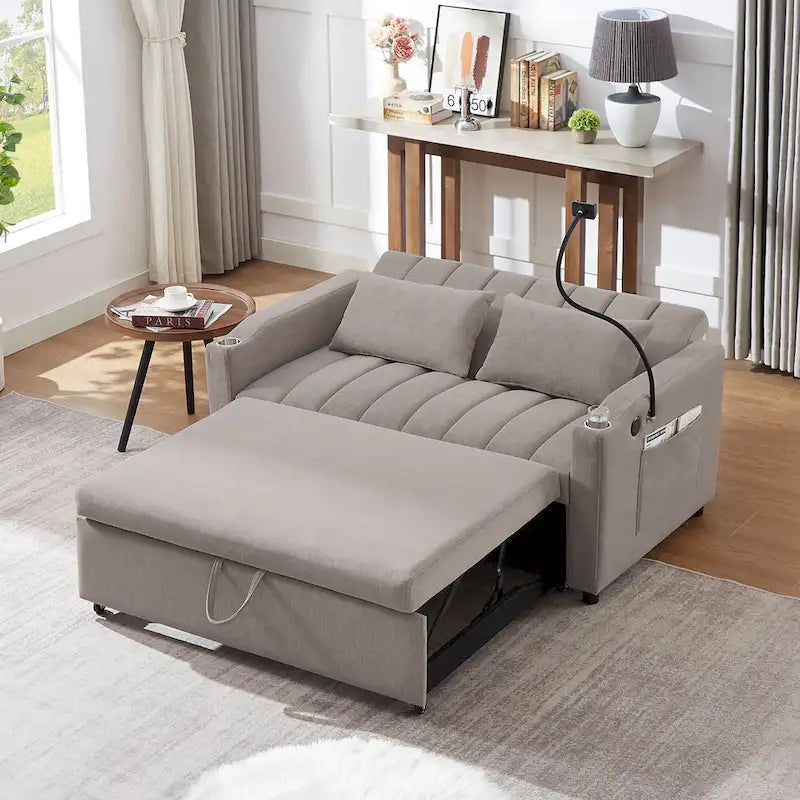 Canapé-lit convertible 2 places avec ports USB, poches latérales, porte-gobelets et support de téléphone pivotant pour salon