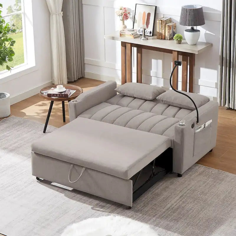 Canapé-lit convertible 2 places avec ports USB, poches latérales, porte-gobelets et support de téléphone pivotant pour salon