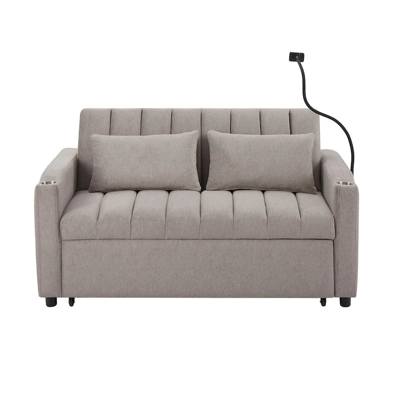 Canapé-lit convertible 2 places avec ports USB, poches latérales, porte-gobelets et support de téléphone pivotant pour salon