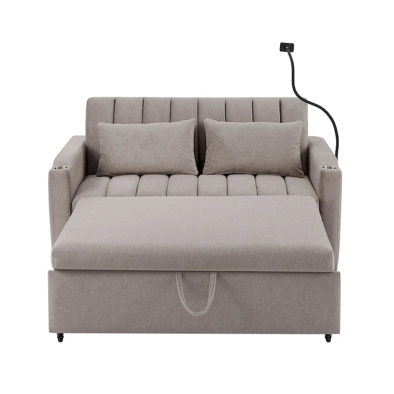 Canapé-lit convertible 2 places avec ports USB, poches latérales, porte-gobelets et support de téléphone pivotant pour salon