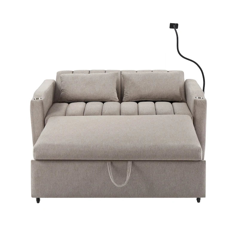 Canapé-lit convertible 2 places avec ports USB, poches latérales, porte-gobelets et support de téléphone pivotant pour salon