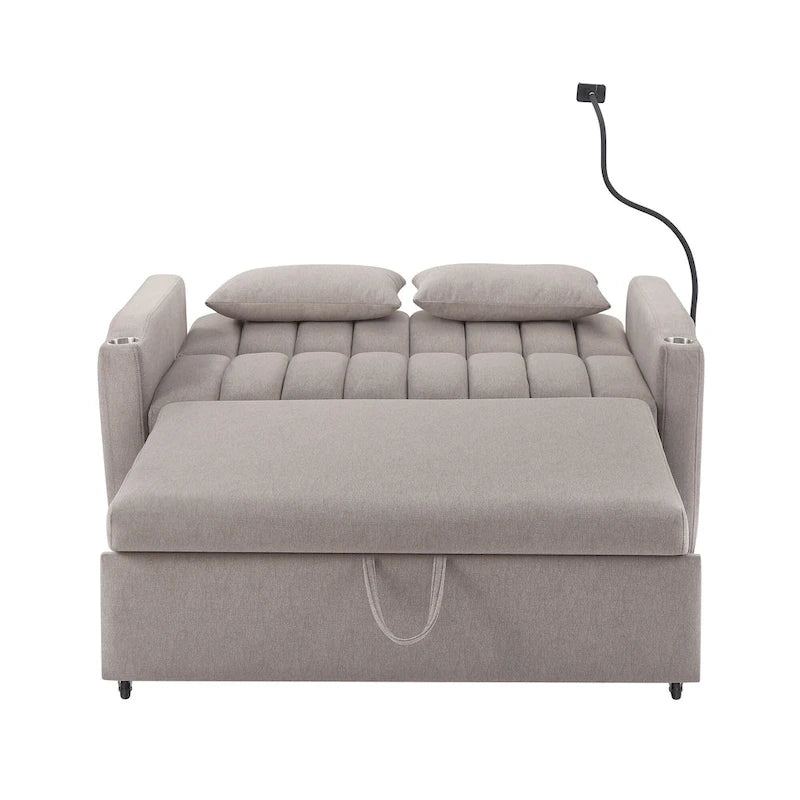 Canapé-lit convertible 2 places avec ports USB, poches latérales, porte-gobelets et support de téléphone pivotant pour salon