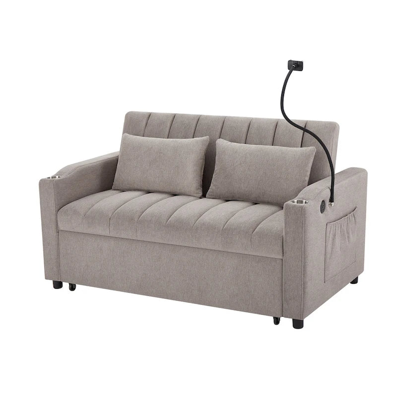 Canapé-lit convertible 2 places avec ports USB, poches latérales, porte-gobelets et support de téléphone pivotant pour salon