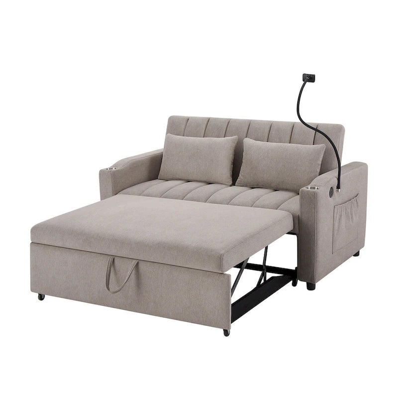 Canapé-lit convertible 2 places avec ports USB, poches latérales, porte-gobelets et support de téléphone pivotant pour salon