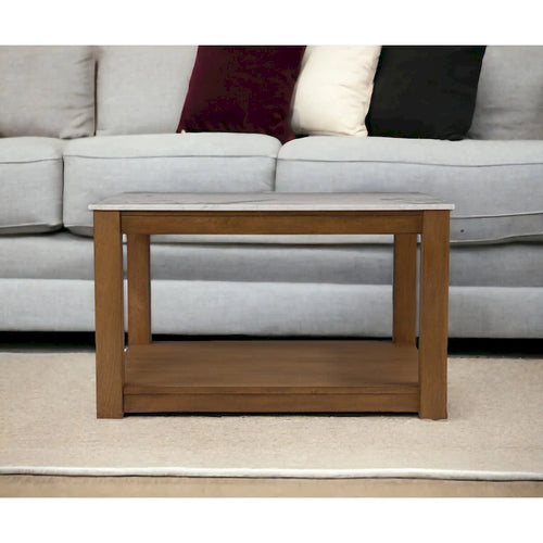 Table basse contemporaine en bois avec plateau en imitation marbre et étagères de rangement pour salon - 46,35 H x 76,2 L x 76,2 P cm