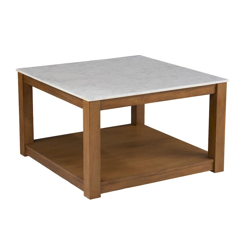 Table basse contemporaine en bois avec plateau en imitation marbre et étagères de rangement pour salon - 46,35 H x 76,2 L x 76,2 P cm
