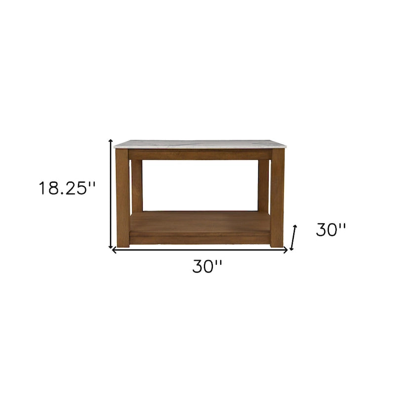 Table basse contemporaine en bois avec plateau en imitation marbre et étagères de rangement pour salon - 46,35 H x 76,2 L x 76,2 P cm