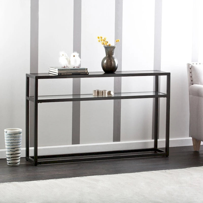 Console rectangulaire en verre noir avec étagère et cadre en métal - 50,25 L x 10 l x 30,25 H