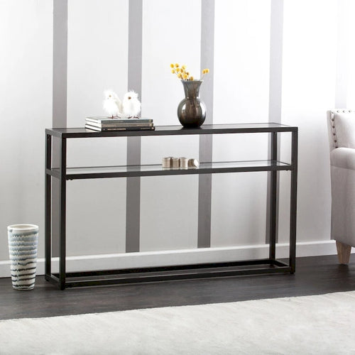 Console rectangulaire en verre noir avec étagère et cadre en métal - 50,25 L x 10 l x 30,25 H