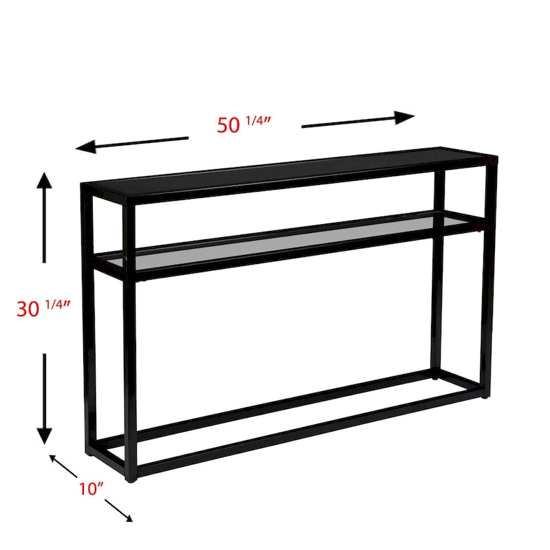 Console rectangulaire en verre noir avec étagère et cadre en métal - 50,25 L x 10 l x 30,25 H