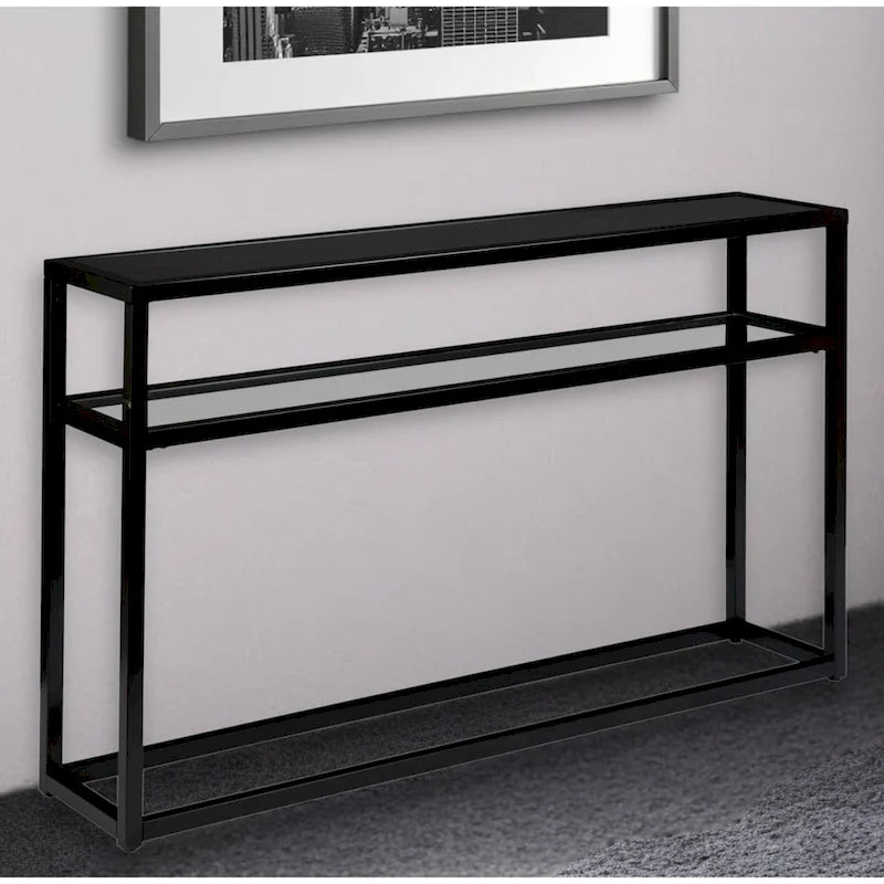 Console rectangulaire en verre noir avec étagère et cadre en métal - 50,25 L x 10 l x 30,25 H