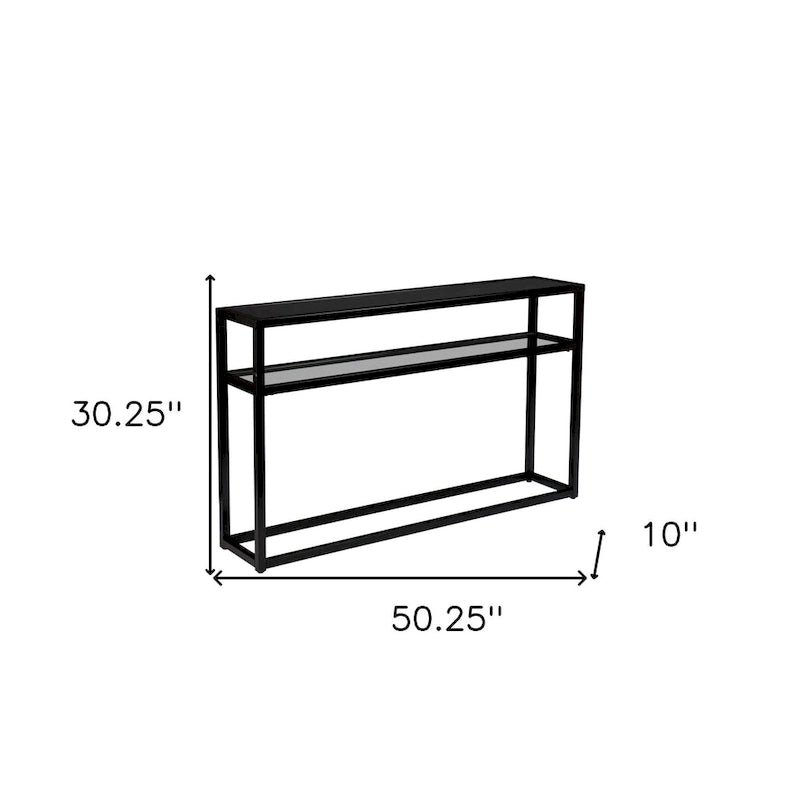 Console rectangulaire en verre noir avec étagère et cadre en métal - 50,25 L x 10 l x 30,25 H