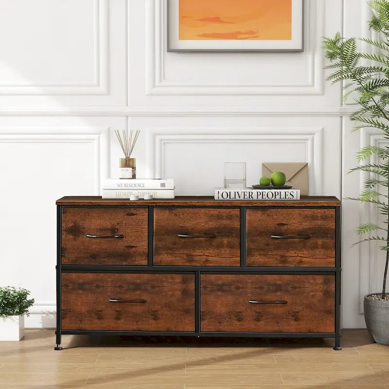 Commode moderne à 5 tiroirs avec bac en tissu, cadre en acier, plateau en bois pour chambre, entrée