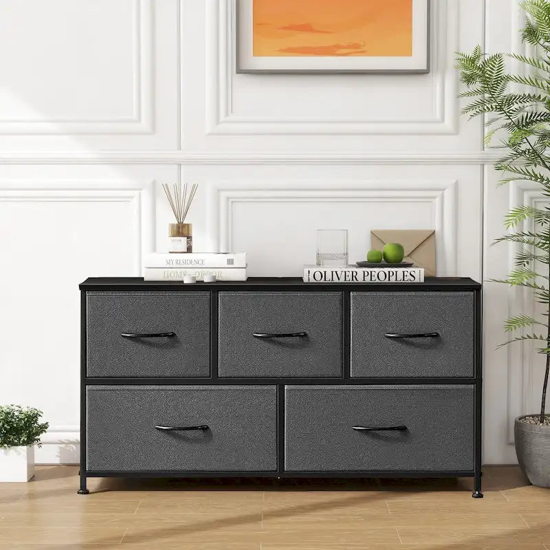 Commode moderne à 5 tiroirs avec bac en tissu, cadre en acier, plateau en bois pour chambre, entrée