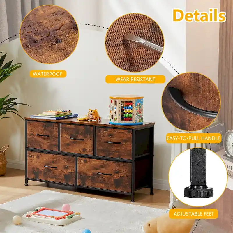 Commode moderne à 5 tiroirs avec bac en tissu, cadre en acier, plateau en bois pour chambre, entrée