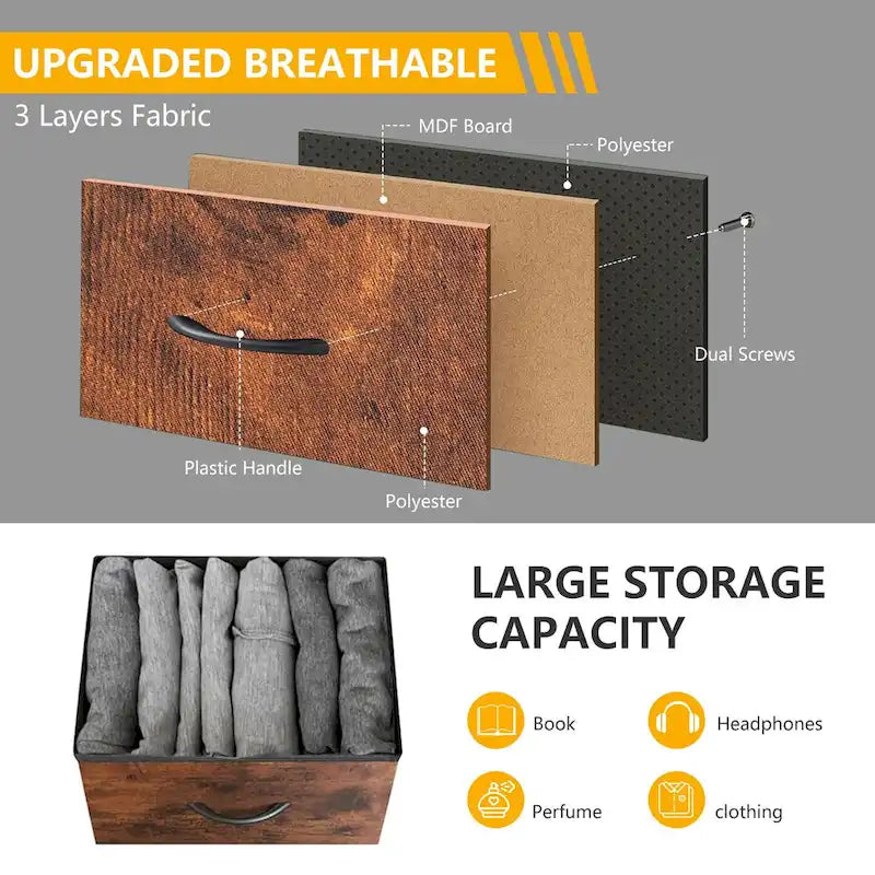 Commode moderne à 5 tiroirs avec bac en tissu, cadre en acier, plateau en bois pour chambre, entrée